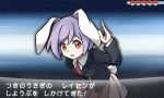  1girl animal_ears blazer bunny_tail fake_screenshot hacko jacket leaning_forward necktie parody pleated_skirt pokemon pokemon_(game) pokemon_xy purple_hair rabbit_ears red_eyes reisen skirt style_parody tail touhou translation_request 