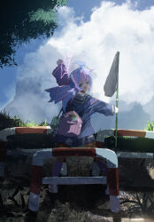  1girl absurdres ahoge arm_up backpack bag blue_archive blue_eyes blue_jacket clenched_hand flag hair_between_eyes highres holding holding_bag holding_flag jacket kneehighs long_hair looking_at_viewer multicolored_hair norio_(norio386) open_mouth pink_bag reisa_(blue_archive) sailor_collar sidelocks skirt socks white_footwear white_sailor_collar white_skirt white_socks 