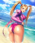  1girl alternate_costume ass beach blonde_hair bracelet breasts erect_nipples from_behind highres hood hoodie huge_ass jewelry large_breasts looking_at_viewer looking_back mask mask_removed ocean one-piece_swimsuit open_clothes open_hoodie pink_swimsuit rainbow_mika solo street_fighter street_fighter_v swimsuit swimsuit_under_clothes thick_thighs thighs turna98 twintails wet 