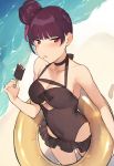  1girl alternate_hairstyle beach black_swimsuit blush breasts brown_hair casual_one-piece_swimsuit choker cleavage collarbone covered_navel duoyuanjun eyebrows eyebrows_visible_through_hair food food_on_face footprints from_above girls_frontline hair_bun halterneck highres holding holding_food innertube ocean one-piece_swimsuit parted_lips popsicle purple_hair red_eyes solo swimsuit wa2000_(girls_frontline) water 