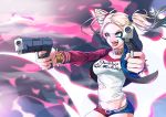  1girl batman_(series) blonde_hair blue_eyes breasts dc_comics dip-dyed_hair dual_wielding gun handgun harley_quinn highres jacket lipstick makeup medium_breasts midriff open_mouth pantyhose pistol short_shorts shorts smile solo suicide_squad tongue tongue_out twintails uiui_(hage04195) weapon 