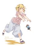  1girl alternate_costume baggy_pants bishamonten&#039;s_pagoda black_legwear blonde_hair contemporary full_body highres multicolored_hair open_mouth outstretched_arms pants running sandals short_hair simple_background solo toramaru_shou touhou toutenkou two-tone_hair white_background 