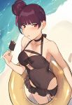  1girl absurdres alternate_hairstyle beach black_swimsuit blush breasts brown_hair casual_one-piece_swimsuit choker cleavage collarbone covered_navel duoyuanjun eyebrows eyebrows_visible_through_hair food food_on_face footprints from_above girls_frontline hair_bun halterneck highres holding holding_food innertube ocean one-piece_swimsuit parted_lips popsicle purple_hair red_eyes solo swimsuit wa2000_(girls_frontline) water 