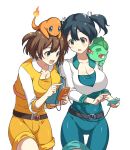  2girls alternate_costume animal animal_on_head animal_on_shoulder aqua_shirt aqua_shorts belt blue_eyes blue_hair breasts brown_hair bulbasaur cellphone charmander cleavage cosplay cropped_jacket female_protagonist_(pokemon_go) female_protagonist_(pokemon_go)_(cosplay) hair_between_eyes hiryuu_(kantai_collection) kantai_collection large_breasts looking_down makishima_azusa matching_outfit multiple_girls open_mouth orange_shirt orange_shorts phone pokemon pokemon_(creature) pokemon_go shiny shiny_clothes shirt short_hair short_twintails shorts side_ponytail simple_background smartphone souryuu_(kantai_collection) thigh_gap twintails white_background 