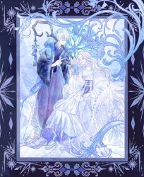  1boy 1girl alternate_costume animal_on_hand animification beoseon black_border blue_background blue_coat blue_eyes blue_footwear blue_robe blue_socks blue_theme border chima_(clothes) closed_mouth coat colored_eyelashes crossover dress elsa_(frozen) eye_contact frozen_(disney) frozen_ii_(disney) full_body gomusin hair_between_eyes hanbok hand_up hashtag-only_commentary highres holding holding_staff jack_frost_(rise_of_the_guardians) jeogori_(clothes) korean_clothes layered_sleeves lizard long_hair long_sleeves looking_at_another mman_moon ornate_border pale_skin pants parted_bangs parted_lips pointing power_connection purple_pants rise_of_the_guardians robe see-through_clothes see-through_coat see-through_shawl shawl short-sleeved_coat short_hair short_over_long_sleeves short_sleeves sitting smile snowflake_print snowflakes socks staff standing tassel very_long_hair wavy_hair white_dress white_hair white_shawl wide_sleeves 