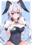  1girl ahoge animal_ears blush breasts bunny_tail covered_navel gym_uniform hair_between_eyes hair_rings kemonomimi_mode large_breasts long_hair looking_at_viewer matoi_(pso2) milkpanda name_tag phantasy_star phantasy_star_online_2 rabbit_ears school_swimsuit shirt_lift short_sleeves silver_hair smile solo swimsuit swimsuit_under_clothes tail twintails 