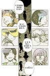  2boys 4girls afro apron aqua bandanna cape child comic cowboy_hat double_bun food from_above fruit glasses green hair_bun hair_ribbon hat jungyun99 korean left-to-right_manga looking_back monochrome multiple_boys multiple_girls multiple_monochrome no_eyes opaque_glasses open_mouth orange purple purple_hair red_string ribbon short_ponytail smile spot_color standing string translation_request undertale vest walking yellow 