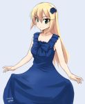 1girl alternate_costume blonde_hair blue_dress bow collarbone curtsey dated dress flower formal green_eyes hair_flower hair_ornament heinrike_prinzessin_zu_sayn-wittgenstein highres long_hair looking_at_viewer makaze_(t-junction) signature simple_background sketch sleeveless sleeveless_dress smile solo strike_witches white_background world_witches_series 