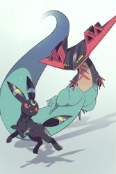  aru_(citrine_drplt) black_eyes black_fur colored_sclera colored_skin dragapult floating gradient_background head_wings highres jumping looking_at_another multicolored_skin no_humans pokemon pokemon_(creature) red_claws red_sclera shadow two-tone_skin umbreon very_long_tail wings yellow_sclera 