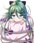  1girl blanket blue_eyes bound cosplay denpa_onna_to_seishun_otoko eyebrows_visible_through_hair eyelashes floral_print green_hair hair_between_eyes hair_ornament hairclip highres kantai_collection kuroame_(kurinohana) long_hair pink_lips rolled shiny shiny_hair simple_background solo sparkle tied_up touwa_erio touwa_erio_(cosplay) white_background yamakaze_(kantai_collection) 