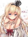  1girl bare_shoulders blonde_hair blue_eyes blush braid breasts character_name cleavage crown dress english flower french_braid frown hair_between_eyes hairband jewelry kantai_collection large_breasts leaning_forward long_hair long_sleeves md5_mismatch mini_crown necklace off_shoulder red_ribbon red_rose ribbon rose solo sweat tama_satou warspite_(kantai_collection) white_dress 