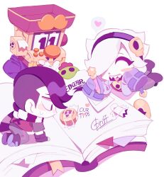  1girl 2boys adult blush brawl_stars chibi chibi_only colette_(brawl_stars) edgar_(brawl_stars) griff_(brawl_stars) heart object_head teenage 