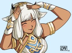  1girl ^_^ ah_eto..._bleh_(meme) animal_ears armlet artist_logo ash_(fire_emblem) bare_shoulders blue_background breasts closed_eyes commentary commission cow_ears cow_girl cow_horns cynthiccal dark-skinned_female dark_skin dated ear_piercing english_commentary facing_viewer fingerless_gloves fire_emblem fire_emblem_heroes gloves highres horns jewelry logo medium_breasts meme piercing simple_background smile solo tongue tongue_out white_gloves white_hair 