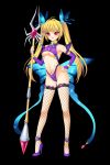  1girl black_background blonde_hair blue_bow bow diadem fishnets hair_bow high_heels huge_weapon long_hair looking_at_viewer red_eyes simple_background solo thigh-highs twintails weapon 