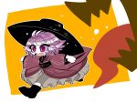  1girl black_boots boots bowl bowl_hat chasing eyebrows eyebrows_visible_through_hair hat japanese_clothes kimono obi open_mouth purple_hair running sash short_hair simple_background solo sukuna_shinmyoumaru tears tongue touhou violet_eyes white_skin wide_sleeves yellow_background yt_(wai-tei) 
