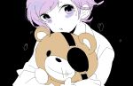  1boy bags_under_eyes black_background carrying child crying diabolik_lovers fang flat_color kiri_(qoo) looking_at_viewer male_focus open_mouth partially_colored purple_hair sakamaki_kanato simple_background solo stuffed_animal teddy_(diabolik_lovers) teddy_bear upper_body vampire violet_eyes younger 