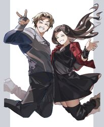  1boy 1girl absurdres animification avengers:_age_of_ultron avengers_(series) black_dress black_footwear black_pants blonde_hair boots border breasts brother_and_sister brown_footwear brown_hair chjjlold commentary_request dress facial_hair fingerless_gloves floating_hair gloves grey_border grey_gloves grey_shirt hand_up happy highres jacket jewelry jumping korean_commentary lapels leg_warmers long_hair long_sleeves marvel marvel_cinematic_universe medium_breasts necklace open_clothes open_jacket outside_border pants pietro_maximoff quicksilver red_jacket shirt shoes short_hair siblings simple_background smile sneakers teeth v v-shaped_eyebrows wanda_maximoff wavy_hair white_background 
