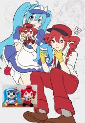  !? +_+ 2girls ahoge ankle_socks apron black_necktie blue_dress blue_eyes blue_hair brown_footwear character_doll closed_mouth collared_shirt dress drill_hair fang flower furry hair_between_eyes hatsune_miku highres kasane_teto layered_dress long_hair mesmerizer_(vocaloid) multiple_girls necktie open_mouth pants red_eyes red_flower red_hair red_pants shirt short_sleeves skates smiley_hat_ornament socks stuffed_toy sugarsicksugar suspenders sweat twin_drills twintails utau vocaloid waist_apron white_apron white_socks wing_collar 