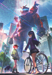  2girls absurdres amate_yuzuriha ankle_boots arms_at_sides artist_name baseball_cap beanie bicycle black_footwear black_hair black_hat black_shorts black_skirt black_socks blazer blue_eyes blue_jacket boots brown_footwear building city clenched_hands closed_mouth colony_interior commentary_request glowing glowing_eyes green_eyes green_jacket gundam gundam_gquuuuuux hair_between_eyes haro hat high_tops highres jacket long_hair long_sleeves looking_at_viewer looking_back mecha mobile_suit multiple_girls non-humanoid_robot nyaan_(gundam_gquuuuuux) pleated_skirt power_lines profile red_gundam red_hair road robot school_uniform science_fiction shinwoo_choi shoes short_hair shorts simple_bird skirt skyscraper sneakers socks standing street tree utility_pole v-fin 