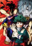  4boys adjusting_clothes adjusting_gloves akaguro_chizome all_might blonde_hair boku_no_hero_academia freckles gloves green_eyes grin hands hands_on_hips male_focus midoriya_izuku multiple_boys official_art red_background red_eyes shigaraki_tomura silhouette smile 