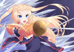  1girl absurdres armor blonde_hair blue_eyes dress gauntlets high_school_dxd highres holding holding_sword holding_weapon jacket jeanne_(highschool_dxd) long_hair mari_(rodoney-kiara) multiple_swords multiple_tails open_clothes open_jacket open_mouth rapier shoulder_armor smile sword tail two_tails weapon 