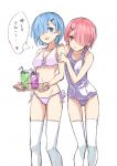  2girls alternate_costume bare_shoulders bikini blue_eyes blue_hair blush breasts contemporary cup drink drinking_glass drinking_straw hair_ornament hair_over_one_eye hand_on_another&#039;s_shoulder highres looking_to_the_side medium_breasts multiple_girls navel old_school_swimsuit pink_hair puma_(hyuma1219) ram_(re:zero) re:zero_kara_hajimeru_isekai_seikatsu red_eyes rem_(re:zero) school_swimsuit school_uniform short_hair siblings side-tie_bikini simple_background sisters smile swimsuit thigh-highs thought_bubble translation_request tray twins white_background white_legwear x_hair_ornament 