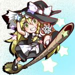  &gt;:) 1girl apron black_skirt blonde_hair broom broom_riding chibi fingerless_gloves gloves grin hair_ribbon hat kirisame_marisa kuranosuke long_hair mini-hakkero ribbon skirt skirt_set smile star teeth touhou tress_ribbon very_long_hair vest witch_hat yellow_eyes 