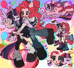  2girls animal_ears blue_eyes colored_skin creature_and_personification cupcake curly_hair cutie_mark food highres horns horse_ears horse_girl horse_tail hug jwnn long_hair multicolored_hair multiple_girls multiple_views my_little_pony my_little_pony:_equestria_girls my_little_pony:_friendship_is_magic one_eye_closed open_mouth personification pink_hair pink_skin pinkie_pie pinkie_pie_(equestria_girls) pony_(animal) purple_hair purple_skin shirt single_horn skirt smile streaked_hair tail twilight_sparkle twilight_sparkle_(human) unicorn_girl unicorn_horn violet_eyes winged_unicorn wings 
