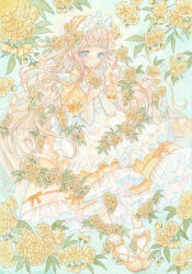  1girl absurdres amu_(m_aa) apron aqua_eyes blonde_hair bonnet bow closed_mouth collared_dress commentary_request dress expressionless flower frilled_apron frilled_dress frilled_socks frills full_body highres holding holding_flower long_hair maid_apron orange_bow orange_footwear orange_ribbon original outdoors painting_(medium) puffy_short_sleeves puffy_sleeves ribbon rose short_sleeves socks solo traditional_media very_long_hair watercolor_(medium) white_apron white_socks yellow_dress yellow_flower yellow_rose yellow_theme 