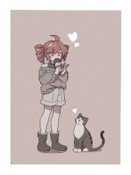  1girl ahoge bare_shoulders black_footwear black_shirt boots brown_shorts brown_sweater cat double-parted_bangs drill_hair food full_body hair_between_eyes highres ice_cream ice_cream_cone kasane_teto off_shoulder ontama_carbonara pink_background red_eyes red_hair shirt shorts sleeveless sleeveless_shirt sweater twin_drills twintails utau 