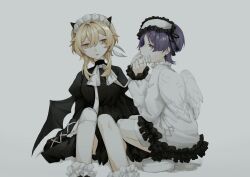  1boy 1girl alternate_costume angel_wings bandaged_knees black_dress black_horns black_sleeves black_wings blonde_hair blunt_ends bow closed_mouth cross-laced_clothes cross-laced_skirt demon_horns demon_wings dress feather_hair_ornament feathered_wings feathers frilled_hairband frilled_shirt frilled_socks frills genshin_impact hair_between_eyes hair_intakes hair_ornament hairband hetero highres horns juliet_sleeves lolita_hairband long_sleeves looking_at_another lower_teeth_only lumine_(genshin_impact) mei_x_02 parted_lips polar_opposites puffy_sleeves purple_hair scaramouche_(genshin_impact) shirt shoes short_hair short_hair_with_long_locks shorts sidelocks sideways_glance sitting skirt smile socks squatting teeth violet_eyes white_background white_bow white_feathers white_footwear white_hairband white_shirt white_shorts white_wings wings 
