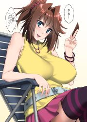  1girl absurdres belt between_fingers blue_eyes bracelet breasts brown_hair chair commentary_request hair_between_eyes hair_intakes hair_ornament hair_scrunchie highres holding jewelry large_breasts mattari_yufi mazaki_anzu necklace open_mouth pleated_skirt ponytail scrunchie sitting skirt sleeveless smile solo striped_clothes striped_thighhighs thigh-highs translation_request yu-gi-oh! 