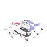  1girl :3 blue_eyes blue_hair chibi commentary_request doremy_sweet empty_eyes hat hat_removed headwear_removed lying on_back pom_pom_(clothes) poyoyoyo solo tapir_tail touhou white_background 