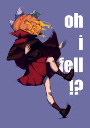  !? 1girl absurdres anger_vein black_footwear black_shirt black_socks cape english_text from_side full_body grey_background highres long_sleeves pleated_skirt pumpkin pumpkin_head red_cape red_skirt sekibanki shirt shoes simple_background sinonon218 skirt socks solo touhou 