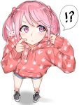  !? &gt;:t 1girl :&lt; :t alternate_costume animal animal_on_shoulder blurry bunny_print casual depth_of_field finger_to_cheek from_above hair_bobbles hair_ornament hood hood_down hooded_sweater hoodie kantai_collection lace-up long_sleeves looking_to_the_side pink_eyes pink_hair rabbit sazanami_(kantai_collection) shoes short_hair shorts simple_background sneakers solo spoken_interrobang suzuharu_(suzuharu0612) sweat sweater twintails white_background |_| 
