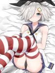  1girl alternate_costume alternate_eye_color aqua_eyes bare_shoulders black_panties blue_skirt blush breasts buttons collarbone cosplay crop_top elbow_gloves gloves gloves_removed hair_ornament hair_over_one_eye hairband hairclip hamakaze_(kantai_collection) highres kantai_collection large_breasts legs_up looking_at_viewer lying miniskirt on_back panties pleated_skirt sailor_collar school_uniform serafuku shimakaze_(kantai_collection) shimakaze_(kantai_collection)_(cosplay) short_hair silver_hair skirt solo striped striped_legwear suzuharu_(suzuharu0612) thigh-highs underwear white_gloves 