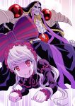  1boy 1girl ainz_ooal_gown bone frills hat hood long_hair overlord_(maruyama) purple_hair red_eyes ribbon robe rurukichi saliva shalltear_bloodfallen sitting skeleton sweat tongue tongue_out undead 