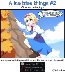  1girl alice_margatroid blonde_hair blue_dress blue_eyes blue_sky blush bnelsey boots brown_footwear capelet clouds commentary day dress english_commentary english_text hairband mountain_climbing open_mouth outdoors red_hairband request_inset screenshot_inset sky smile solo speech_bubble touhou twitter_username white_capelet 