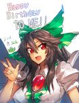  1girl :d artist_self-insert bird_wings blush bow breasts brown_hair cape collared_shirt commentary dated english fang hair_bow happy_birthday highres large_breasts long_hair looking_at_viewer melon22 open_mouth red_eyes reiuji_utsuho shirt smile solo third_eye touhou tsurime very_long_hair w wings 