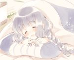  1girl :d ^_^ alternate_hair_color blush braid closed_eyes eyebrows eyebrows_visible_through_hair female futon jewelry kantai_collection kitakami_(kantai_collection) komi_zumiko long_hair lying on_floor on_stomach open_mouth pale_color pillow ring silver_hair smile solo under_covers wedding_band 