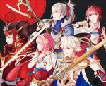  2girls 3boys armor artist_name bangs black_background black_hair bow bow_(weapon) brother_and_sister brothers cape commentary fire_emblem fire_emblem_if flower gloves grey_hair hair_between_eyes hair_flower hair_ornament headband hinoka_(fire_emblem_if) holding holding_sword holding_weapon japanese_armor katana long_hair male_my_unit_(fire_emblem_if) multiple_boys multiple_girls my_unit_(fire_emblem_if) naginata nekoichu obi pink_hair pointy_ears polearm ponytail profile red_eyes redhead ribbon ryouma_(fire_emblem_if) sakura_(fire_emblem_if) sash serious short_hair siblings sisters staff sword takumi_(fire_emblem_if) thigh-highs weapon white_hair zettai_ryouiki 