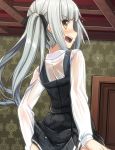  1girl angry blush door dress from_behind indoors kantai_collection kasumi_(kantai_collection) long_hair looking_back open_mouth out-of-frame_censoring panties panty_pull pinafore_dress see-through shirt side_ponytail silver_hair sitting solo underwear water_drop wet wet_clothes wet_dress wet_shirt white_shirt wooden_ceiling yellow_eyes zero_(miraichizu) 