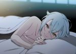  1boy bed_sheet bloom blush dust green_eyes hair_flaps hotarumaru lying male_focus naked_sheet on_side pillow pov samurai10932 silver_hair smile solo touken_ranbu under_covers window 