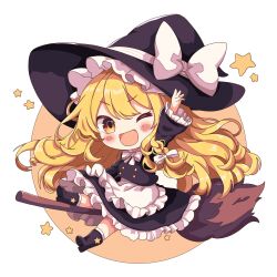  1girl ;d absurdres apron arm_up black_hat black_shirt black_skirt blonde_hair blush boots bow braid broom broom_riding brown_footwear chibi chibi_only commentary_request frilled_skirt frilled_sleeves frills full_body hair_bow hat hat_bow highres kirisame_marisa liefeng_dm long_hair long_sleeves looking_at_viewer one_eye_closed open_mouth outstretched_arm shirt single_braid skirt skirt_set smile socks solo star_(symbol) touhou v-shaped_eyebrows waist_apron white_apron white_bow white_socks yellow_eyes 