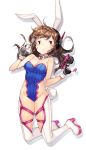  1girl 2016 adapted_costume animal_ears artist_name bangs bare_shoulders blue_leotard boots bracer breasts brown_eyes brown_hair bunny_girl bunny_tail bunnysuit charm_(object) chestnut_mouth choker cleavage collarbone covered_navel d.va_(overwatch) dated detached_collar eyebrows eyebrows_visible_through_hair facepaint facial_mark fake_animal_ears gloves groin gun handgun headphones high_heel_boots high_heels highleg highleg_leotard highres holding holding_gun holding_weapon jewriel legs_up leotard long_hair looking_at_viewer medium_breasts midair overwatch rabbit_ears simple_background sleeveless solo tail thigh-highs thigh_boots thigh_strap weapon whisker_markings white_background white_gloves 