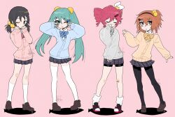  4girls aqua_eyes aqua_hair black_footwear black_hair black_hairband black_skirt black_thighhighs blonde_hair blue_bow blue_cardigan blush_stickers bow brown_footwear cardigan closed_eyes collared_shirt covering_own_mouth double_v fish_hair_ornament grey_bow grey_cardigan hair_bobbles hair_bow hair_ornament hairband hairclip hatsune_miku highres kaai_yuki kasane_teto kasane_teto_(sv) koshianpancake multicolored_hair multiple_girls one_eye_closed open_mouth orange_bow orange_cardigan orange_eyes orange_hair pantyhose pink_background pink_cardigan plaid_clothes plaid_skirt red_bow red_hair red_trim shirt simple_background skirt streaked_hair synthesizer_v thigh-highs twintails utau v v_over_eye vocaloid watermark white_hair white_shirt white_thighhighs x_hair_ornament zako_(vocaloid) 