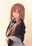  1girl blush brown_hair closed_mouth collared_shirt dress_shirt duoyuanjun eyebrows eyebrows_visible_through_hair girls_frontline gradient gradient_background green_eyes hair_between_eyes hair_ornament hair_scrunchie hand_on_own_chest head_tilt highres long_hair long_sleeves looking_at_viewer m1903_springfield_(girls_frontline) narrowed_eyes neck_ribbon open_mouth personification ribbon scrunchie shawl shirt smile solo tied_hair upper_body wing_collar 