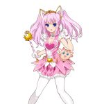  1girl animal_ears blue_eyes diadem dress frills gloves heart long_hair looking_at_viewer magical_girl open_mouth pantyhose pink_hair solo twintails wand white_gloves white_legwear 