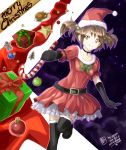  1girl bell bell_collar belt black_gloves black_legwear box brown_hair christmas_tree collar collarbone dress elbow_gloves gift gift_box gloves hair_bobbles hair_ornament hat hiroki_(hirokiart) looking_at_viewer original red_dress red_hat santa_costume santa_hat short_twintails signature smile solo star thigh-highs twintails 