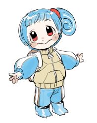  1girl :&gt; backpack bag blue_footwear blue_hair blue_shorts blue_sleeves brown_bag child dancho_no_mori full_body hands_up jacket long_sleeves looking_at_viewer outstretched_arms personification pokemon red_eyes short_hair shorts side_ponytail simple_background solo spread_arms squirtle standing white_background zipper 